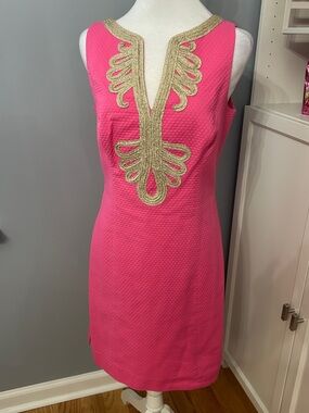 Lilly Pulitzer Janice Shift Dress Pink Gold Trim Metallic Embroidered Size 6
